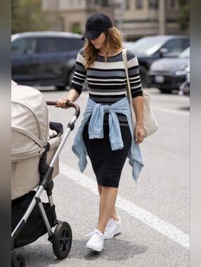 Ralph Lauren Black & White Cotton-Blend Ribbed Striped Sweater Midi Dress Large